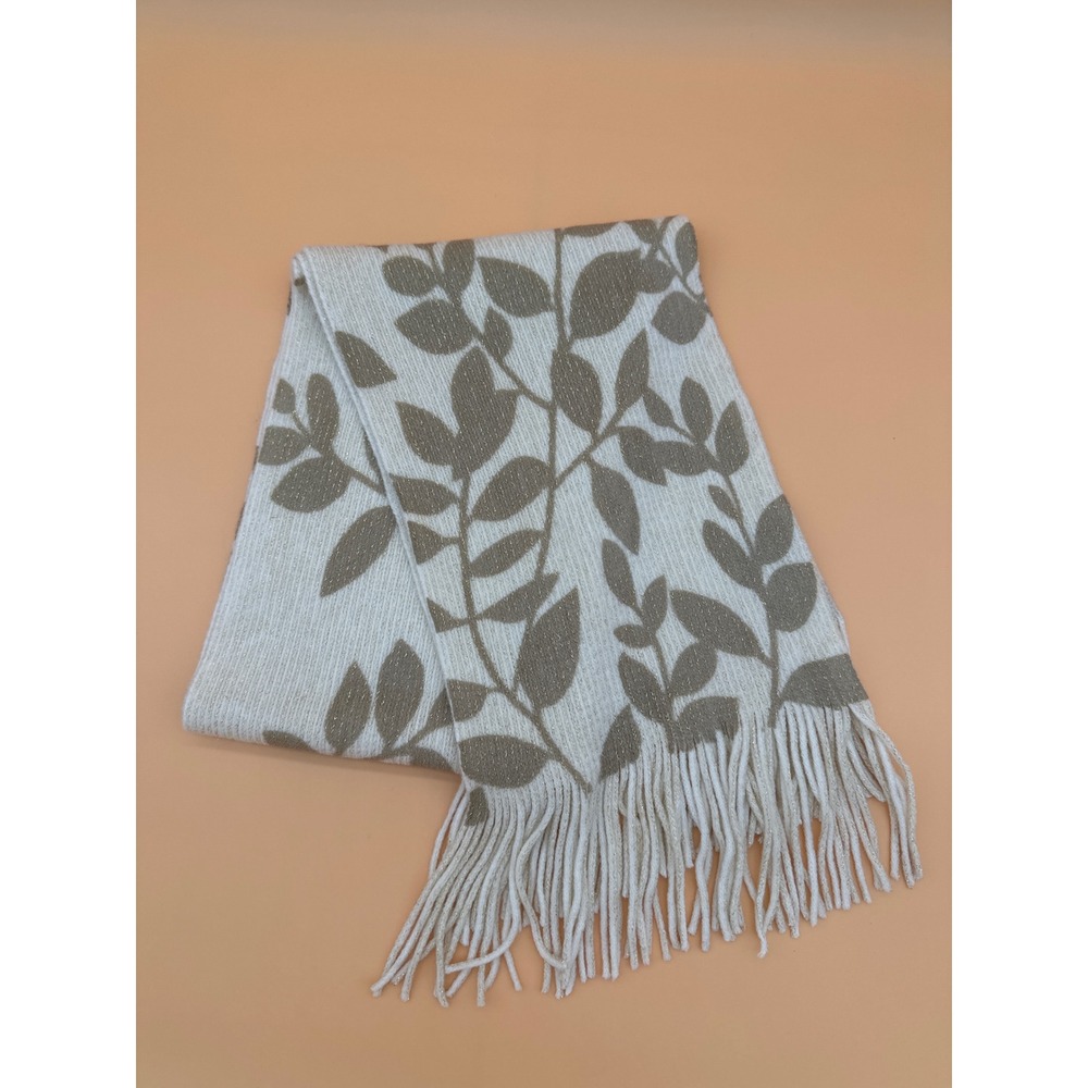 Gold Metallic Leaf Vine Knit Scarf Tan Cream Fringe Trim One Size RN 98072